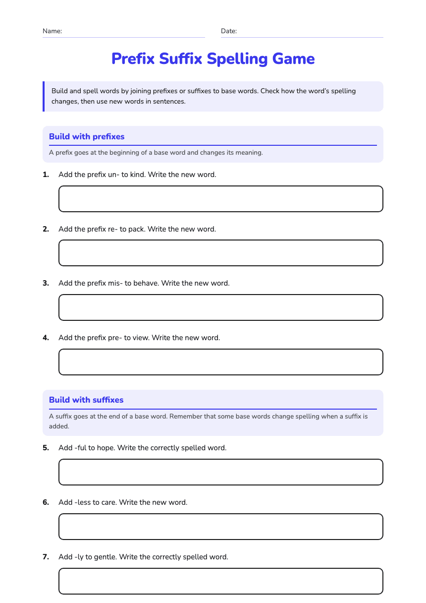 Prefix Suffix Spelling Game worksheet preview