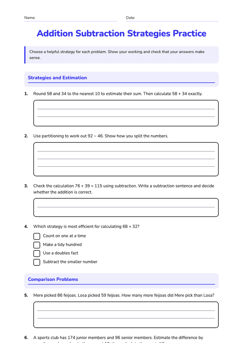 Addition Subtraction Strategies Practice