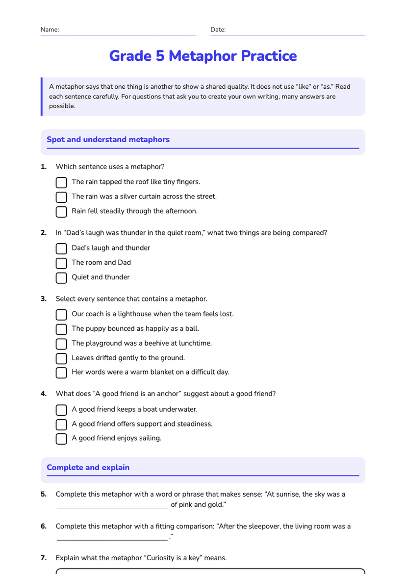 Grade 5 Metaphor Practice