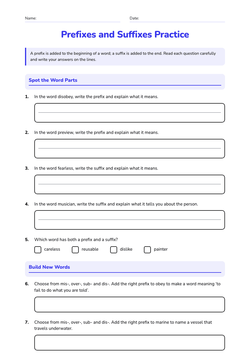 Prefixes and Suffixes Practice worksheet preview