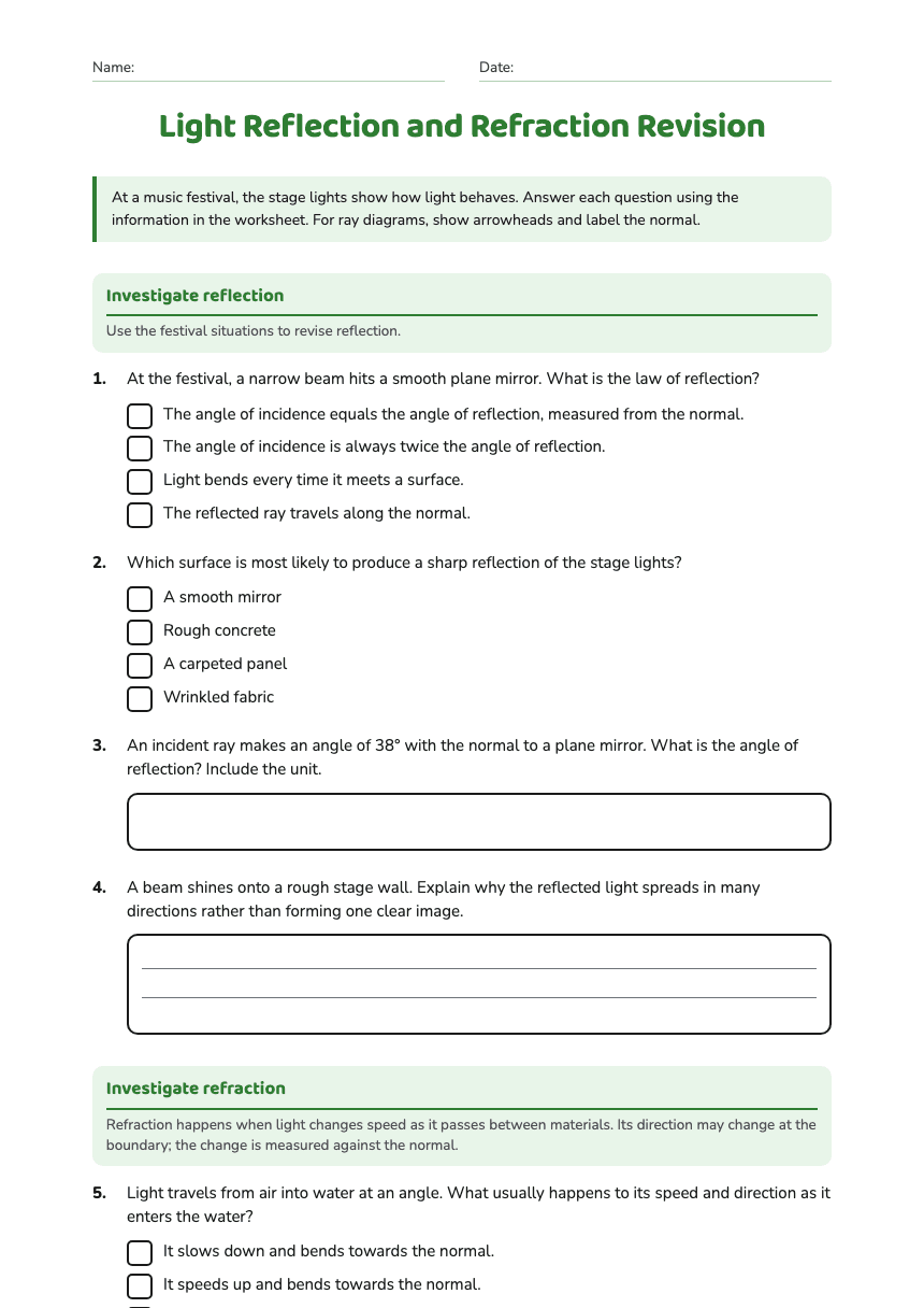 Light Reflection and Refraction Revision worksheet preview