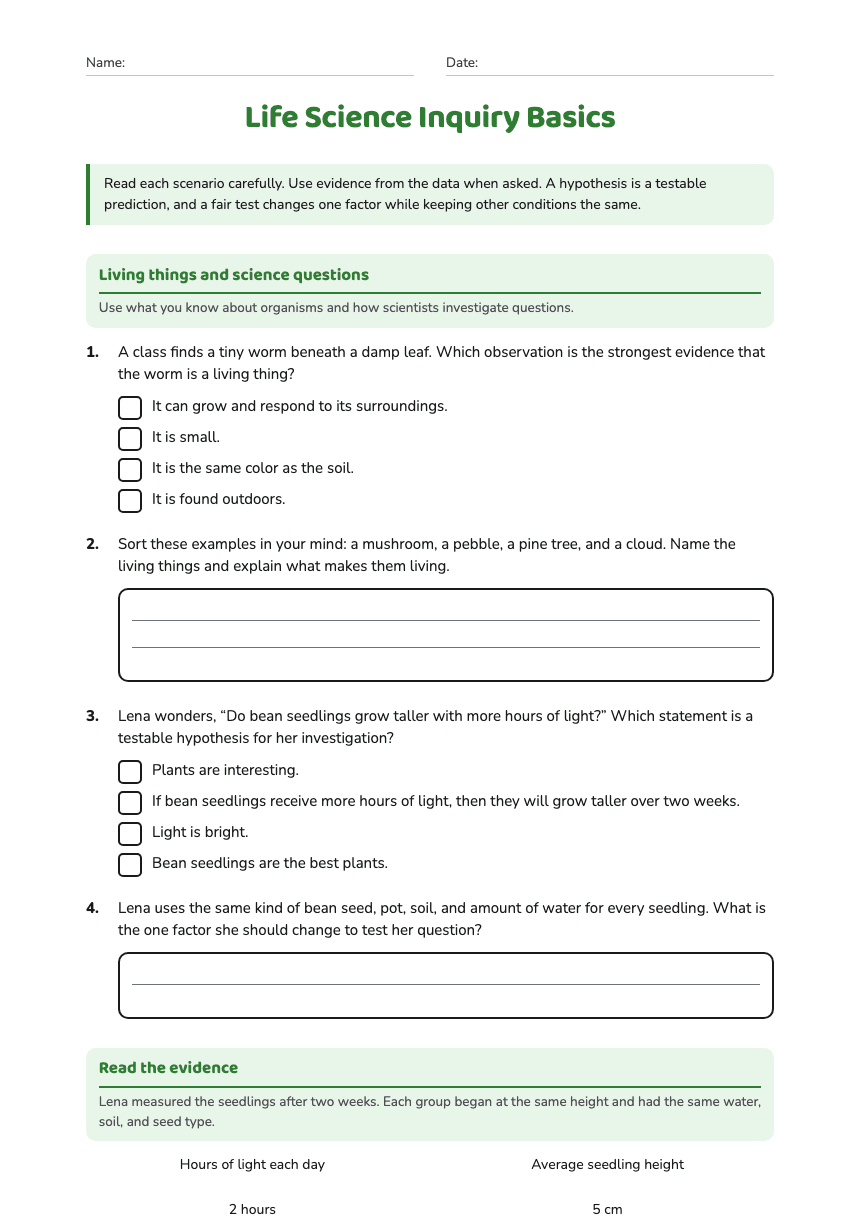 Life Science Inquiry Basics worksheet preview