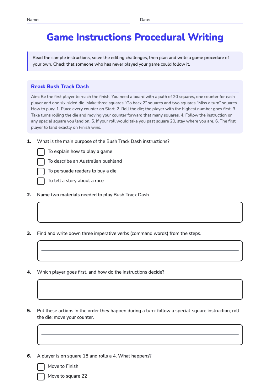 Game Instructions Procedural Writing worksheet preview