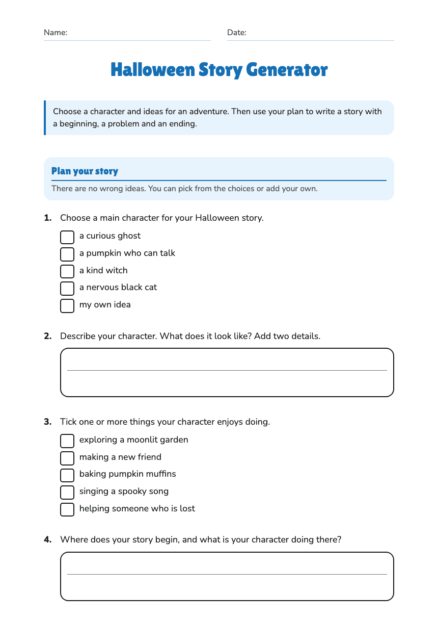 Halloween Story Generator worksheet preview