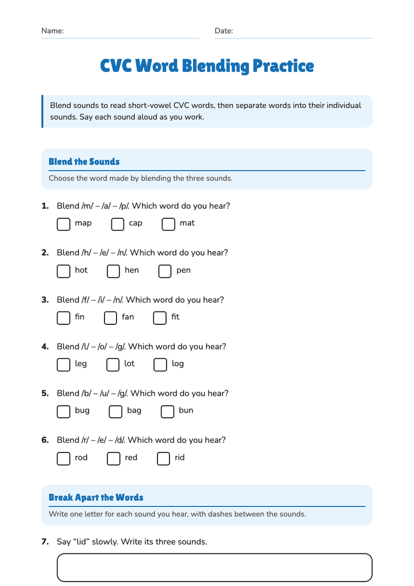 CVC Word Blending Practice