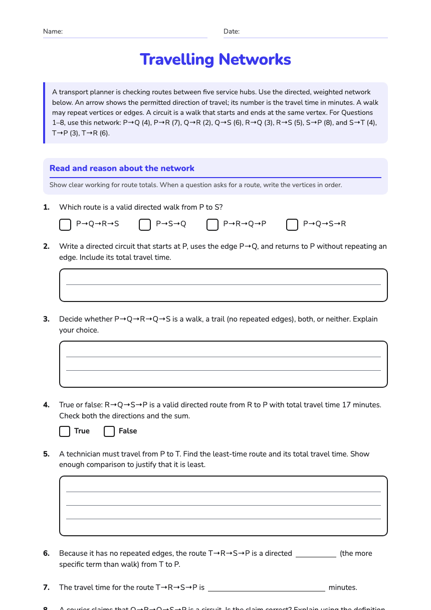 Travelling Networks worksheet preview