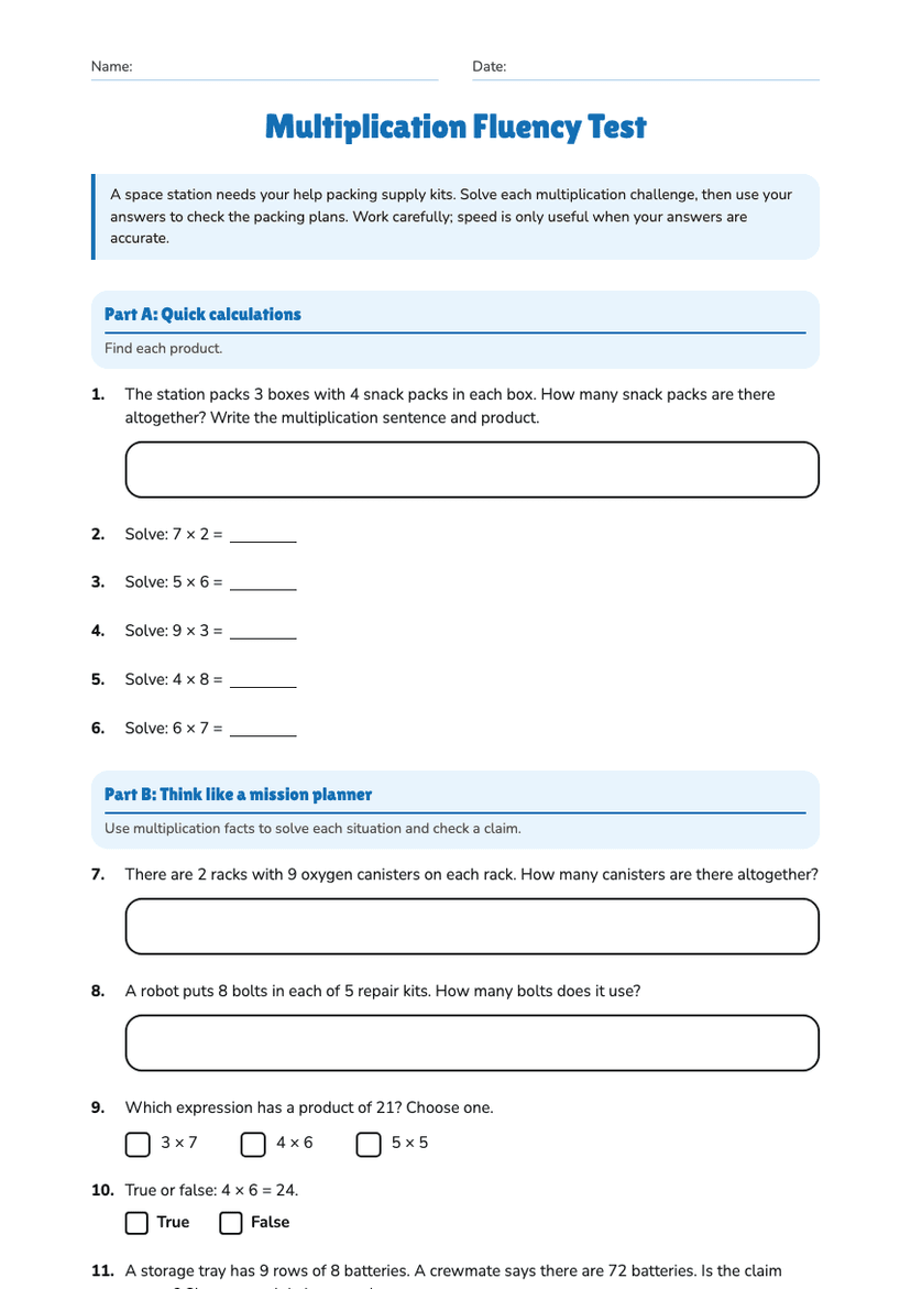 Multiplication Fluency Test