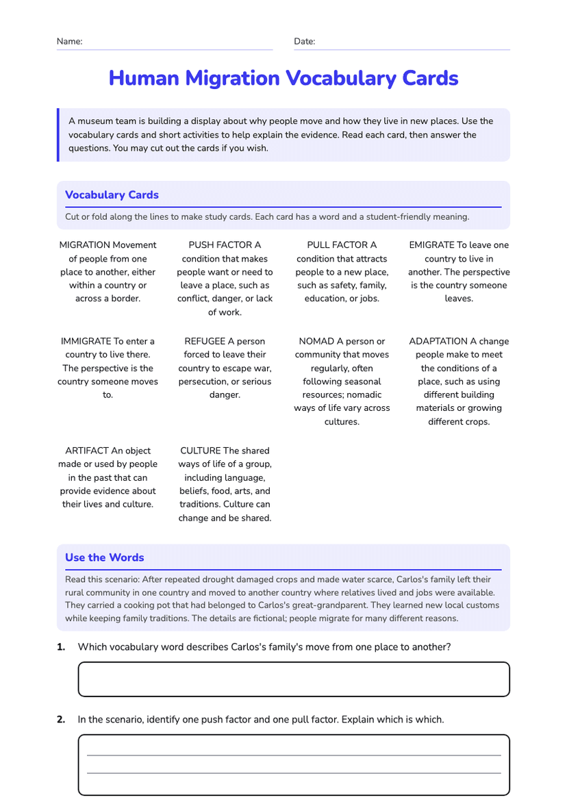 Human Migration Vocabulary Cards