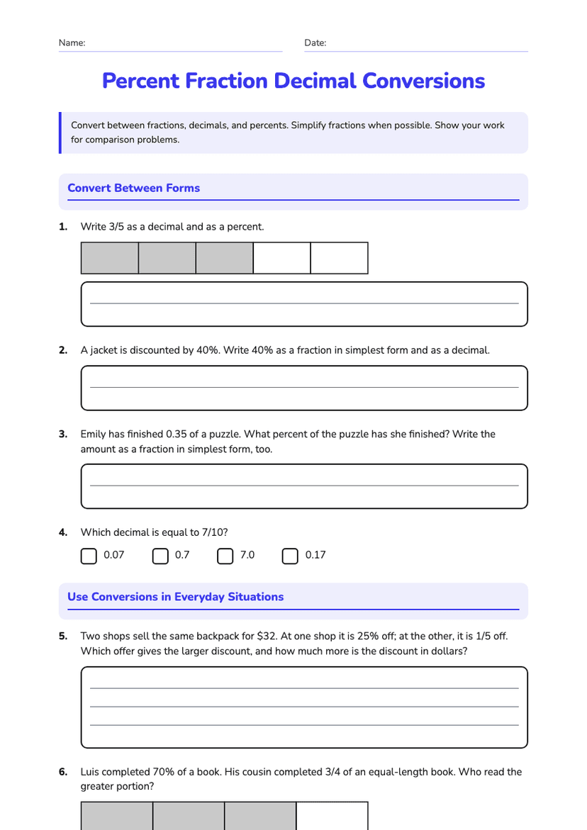 Percent Fraction Decimal Conversions