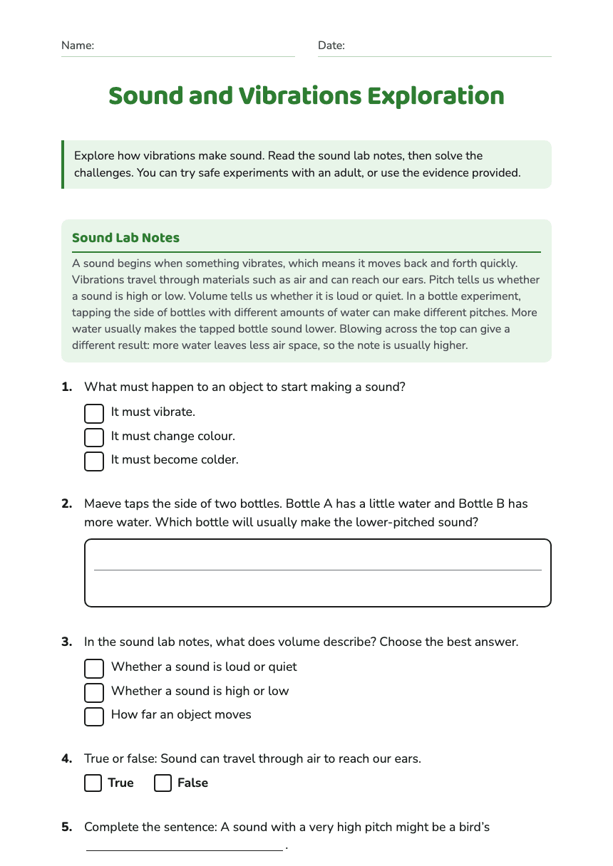 Sound and Vibrations Exploration worksheet preview