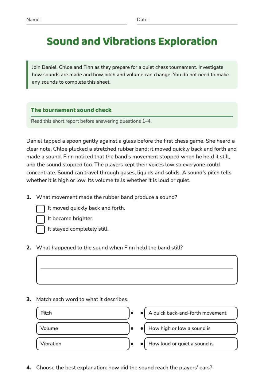Sound and Vibrations Exploration worksheet preview