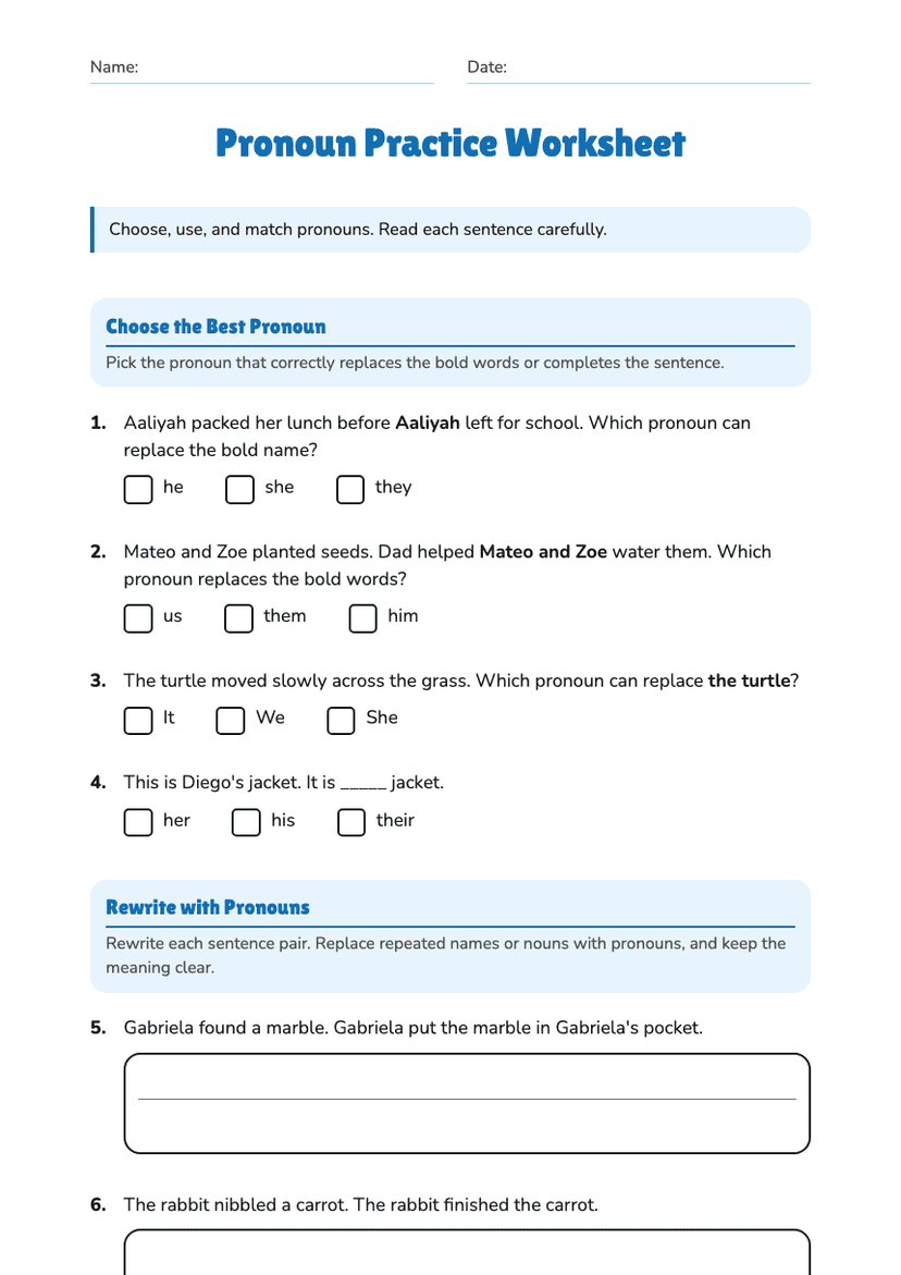 Pronoun Practice Worksheet