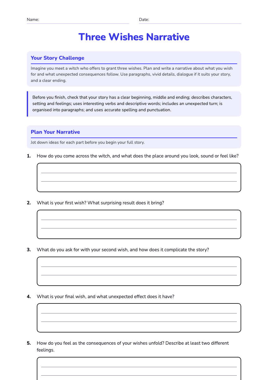 Three Wishes Narrative worksheet preview