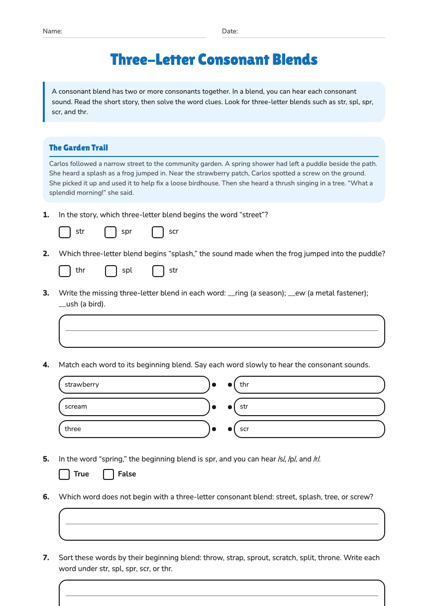 Three-Letter Consonant Blends worksheet preview
