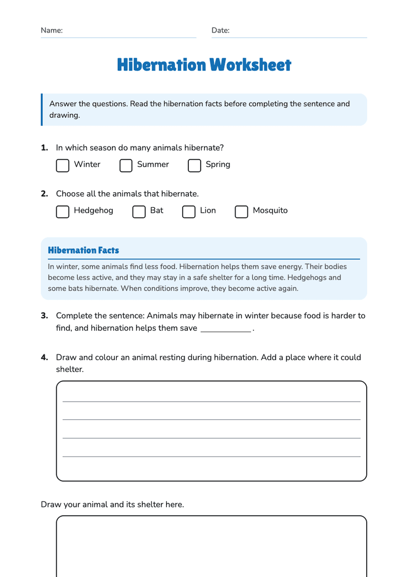Hibernation Worksheet