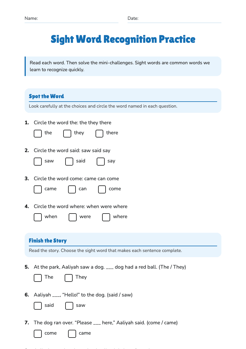 Sight Word Recognition Practice worksheet preview