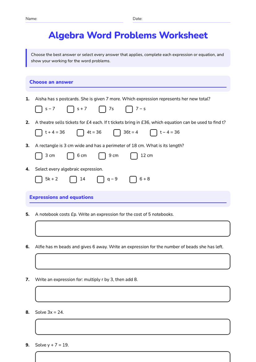 Algebra Word Problems Worksheet