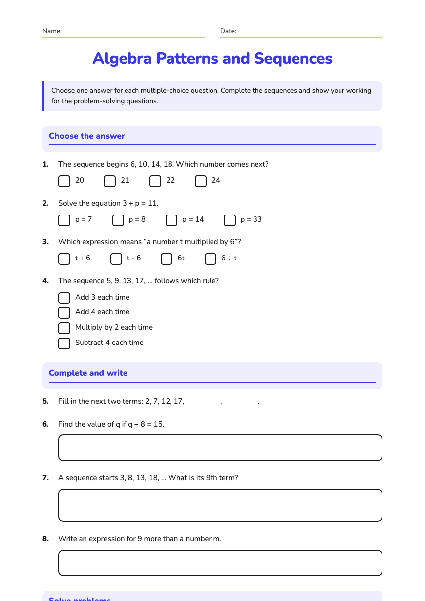 Algebra Patterns and Sequences worksheet preview