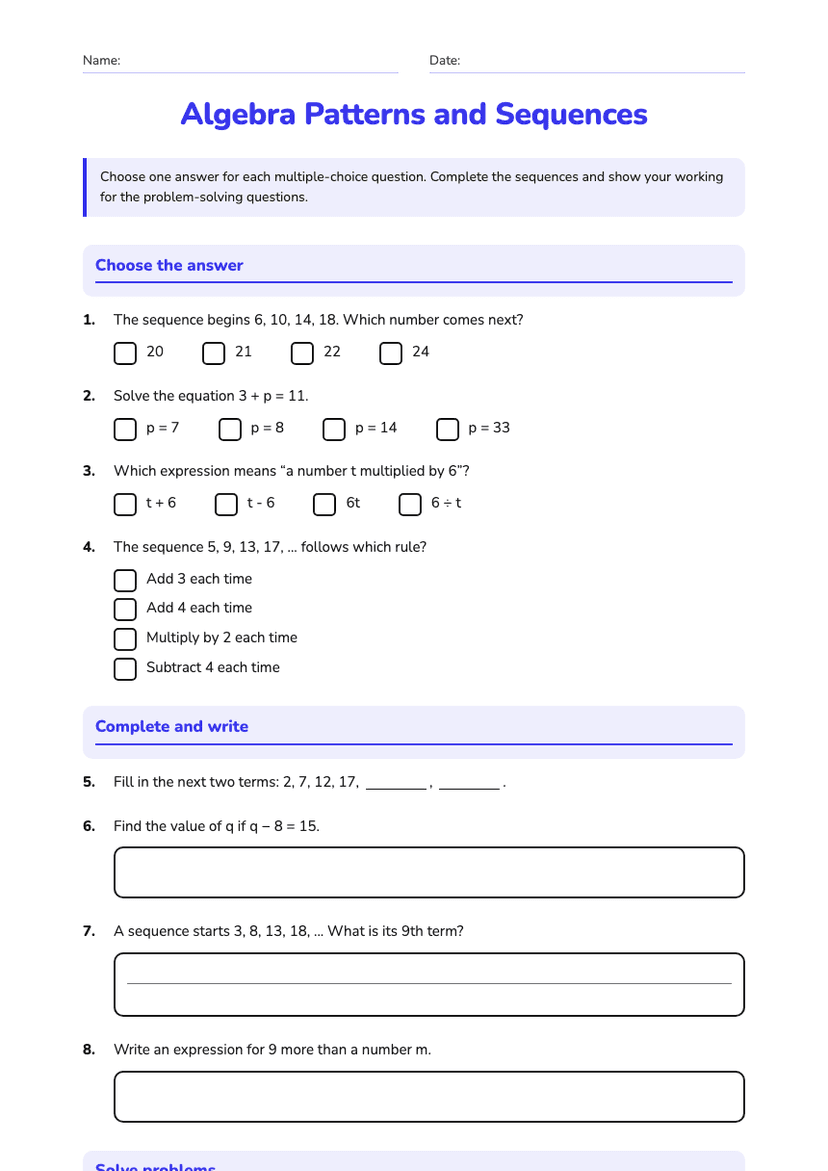 Algebra Patterns and Sequences