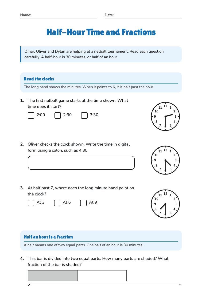 Half-Hour Time and Fractions worksheet preview