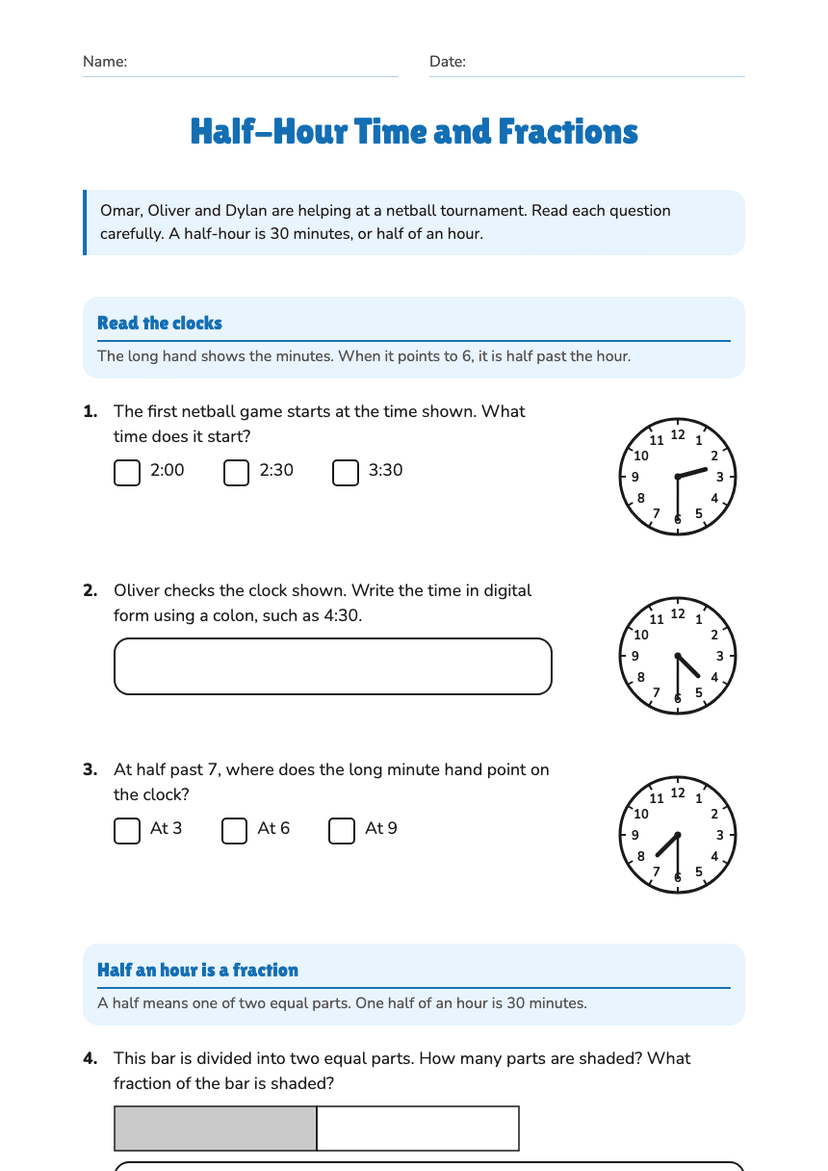 Half-Hour Time and Fractions