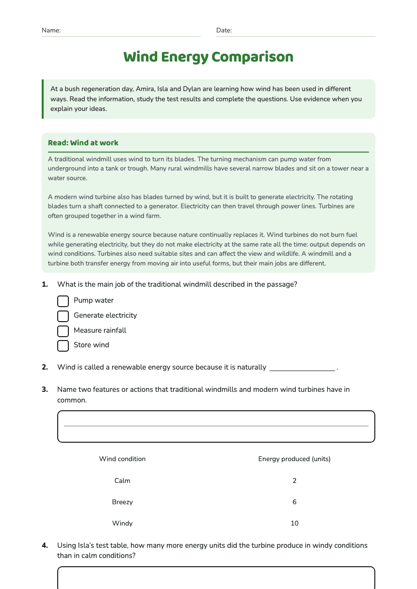Wind Energy Comparison worksheet preview