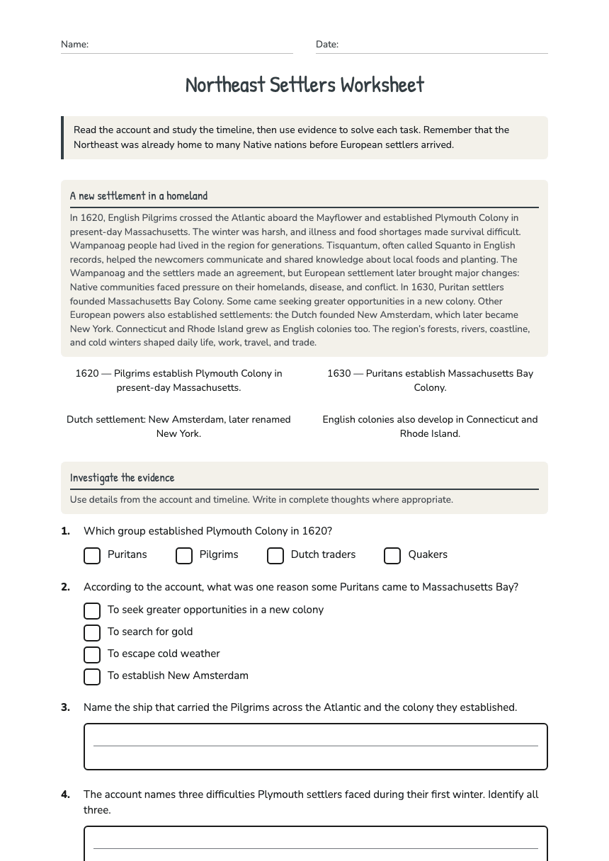 Northeast Settlers Worksheet worksheet preview