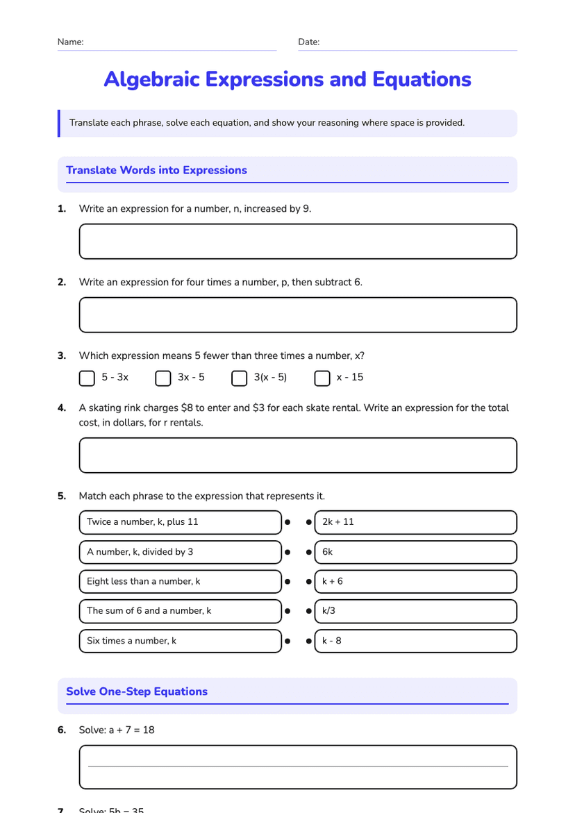 Algebraic Expressions and Equations