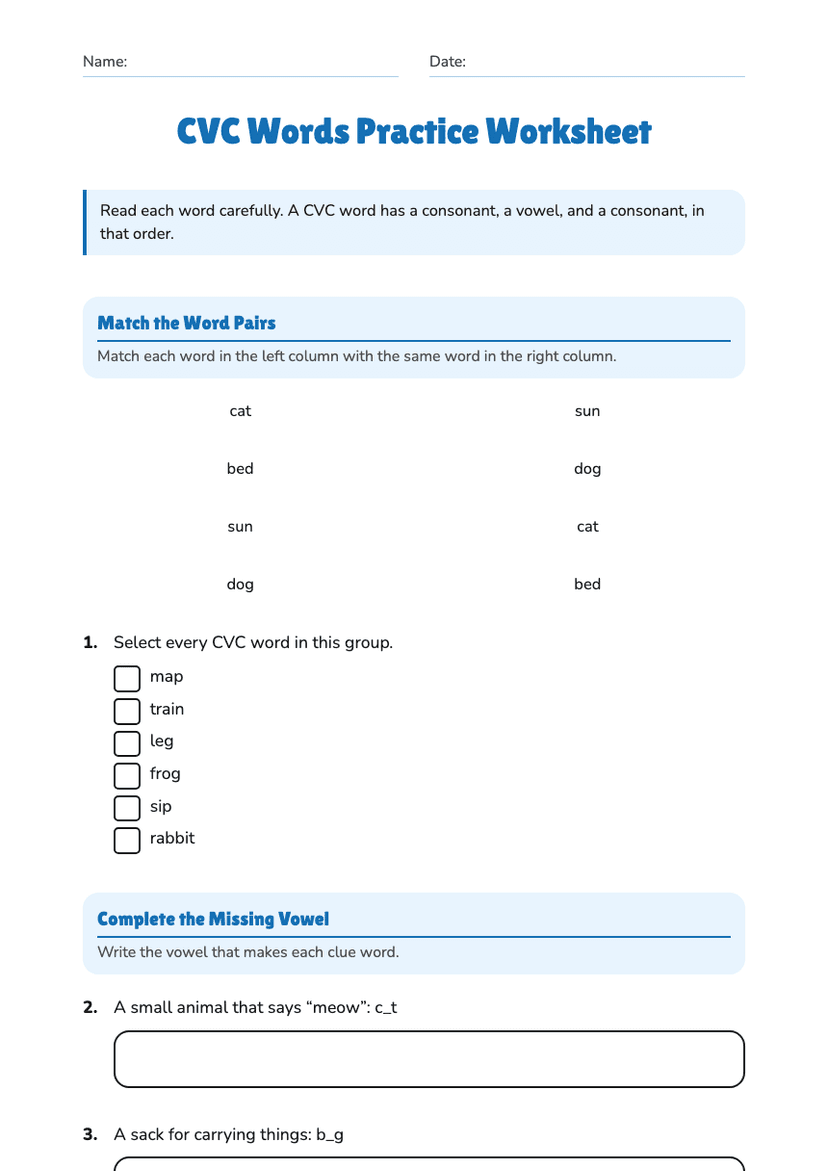 CVC Words Practice Worksheet