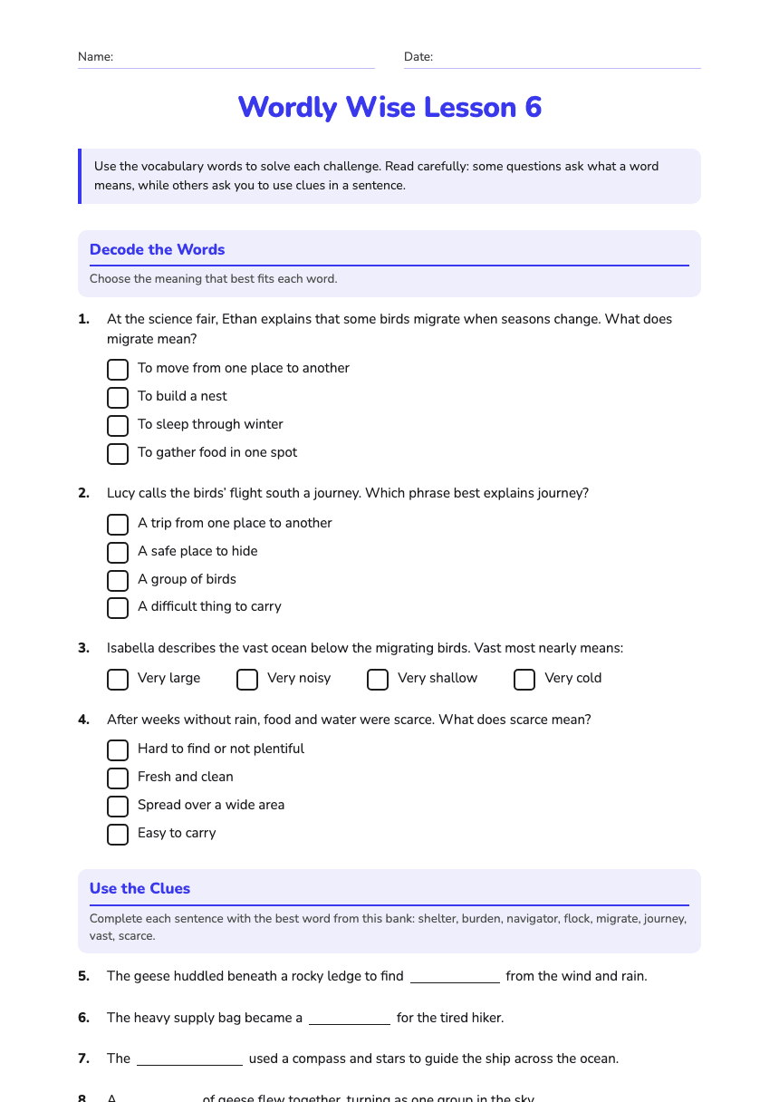 Wordly Wise Lesson 6 worksheet preview