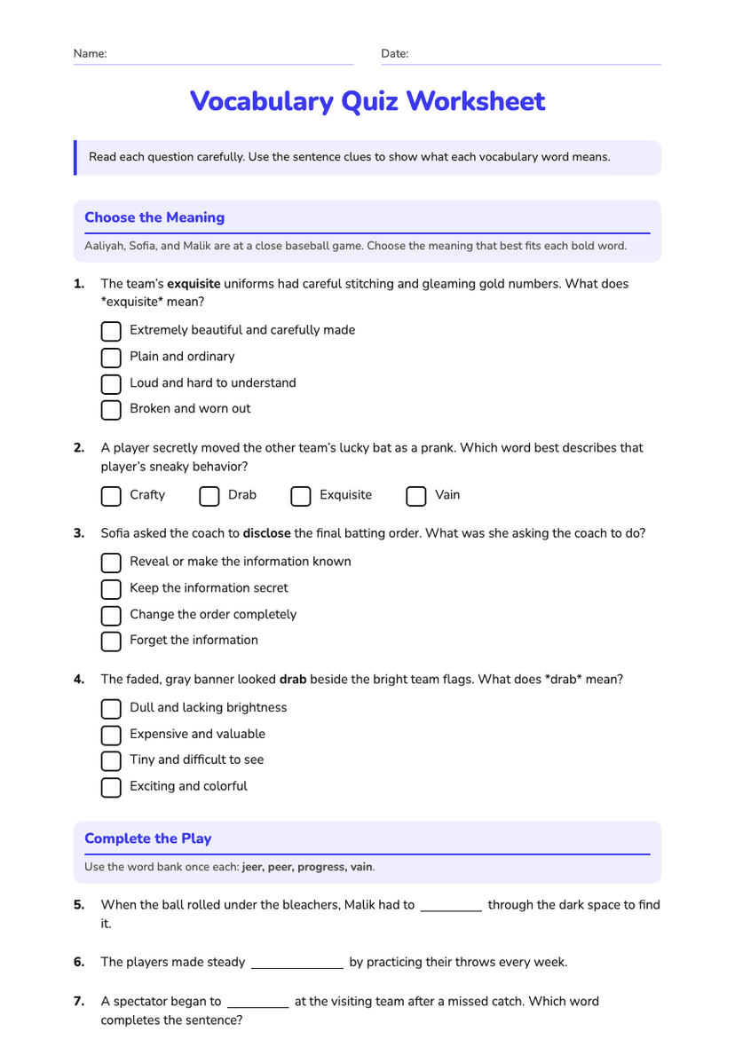 Vocabulary Quiz Worksheet