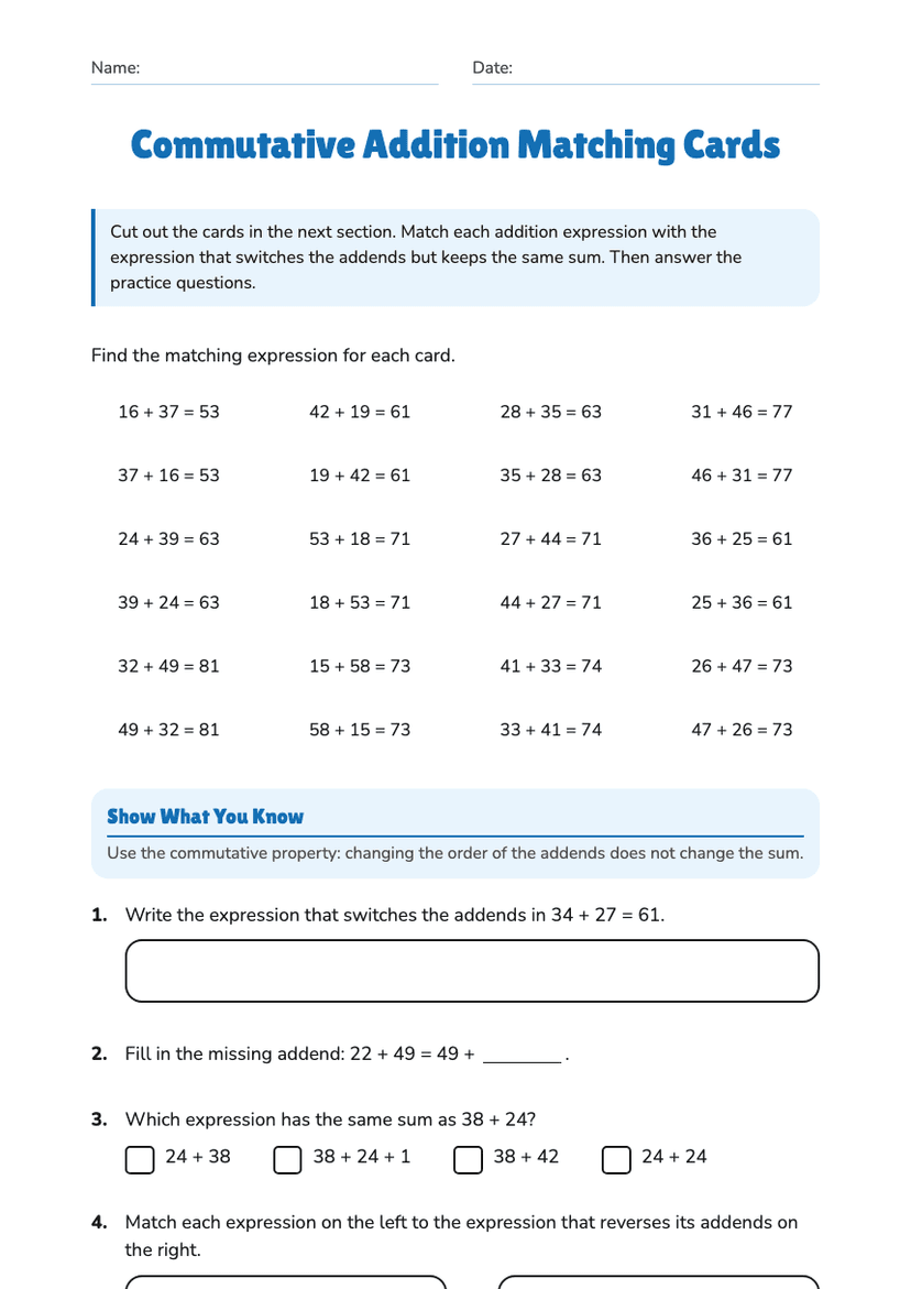 Commutative Addition Matching Cards