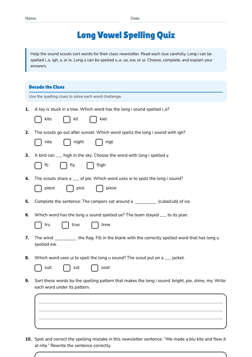 Long Vowel Spelling Quiz worksheet preview