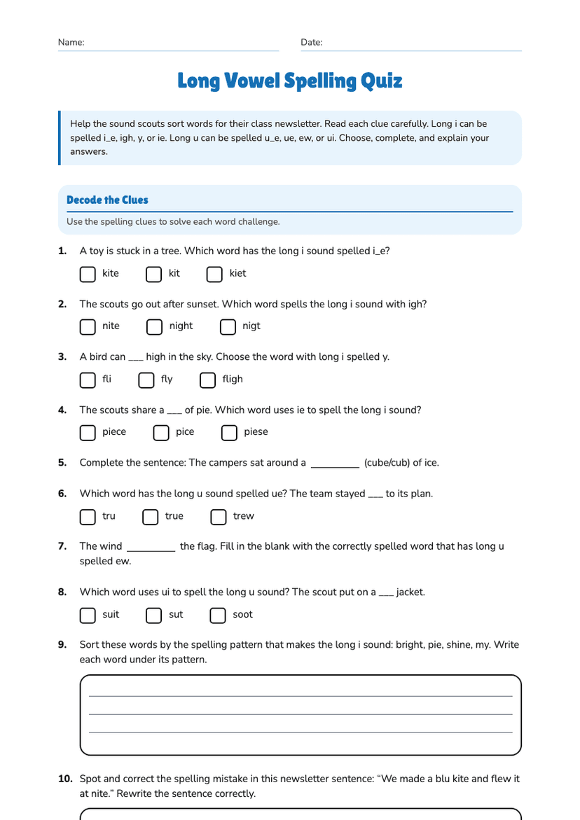 Long Vowel Spelling Quiz