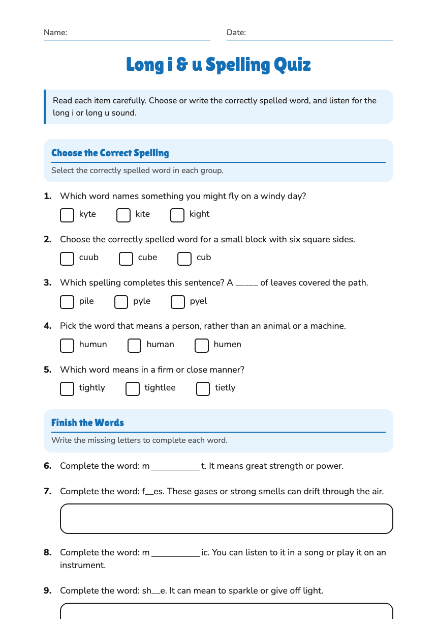 Long i & u Spelling Quiz worksheet preview