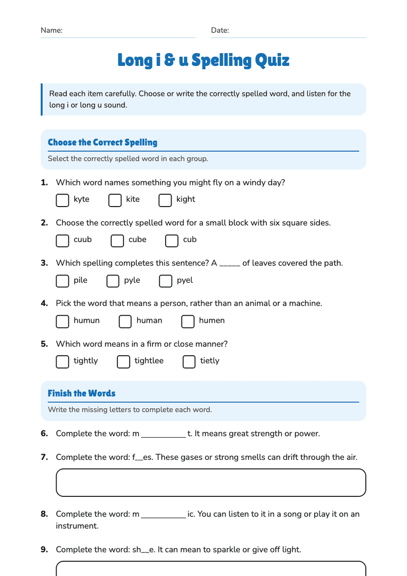 Long i & u Spelling Quiz