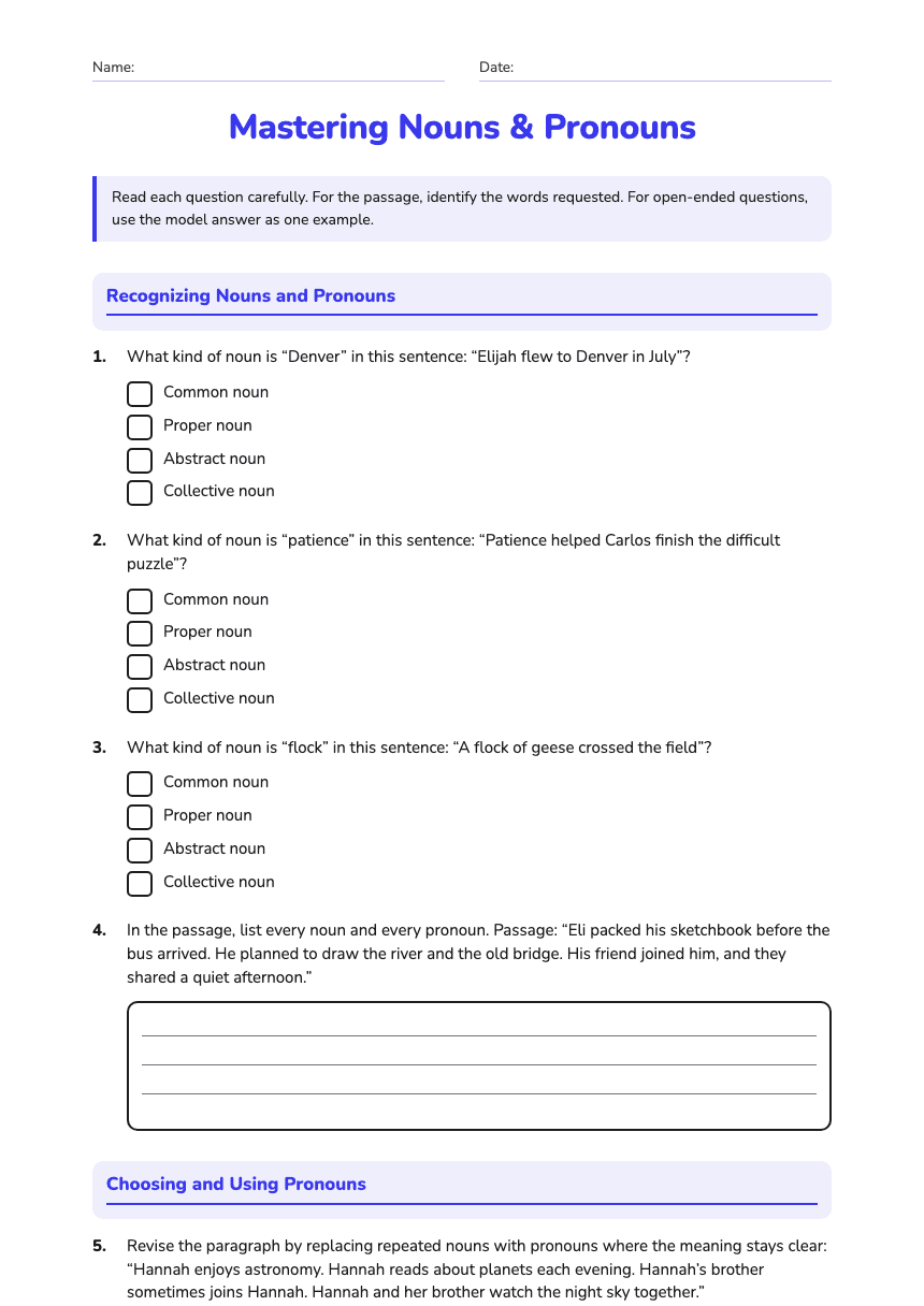 Mastering Nouns & Pronouns worksheet preview