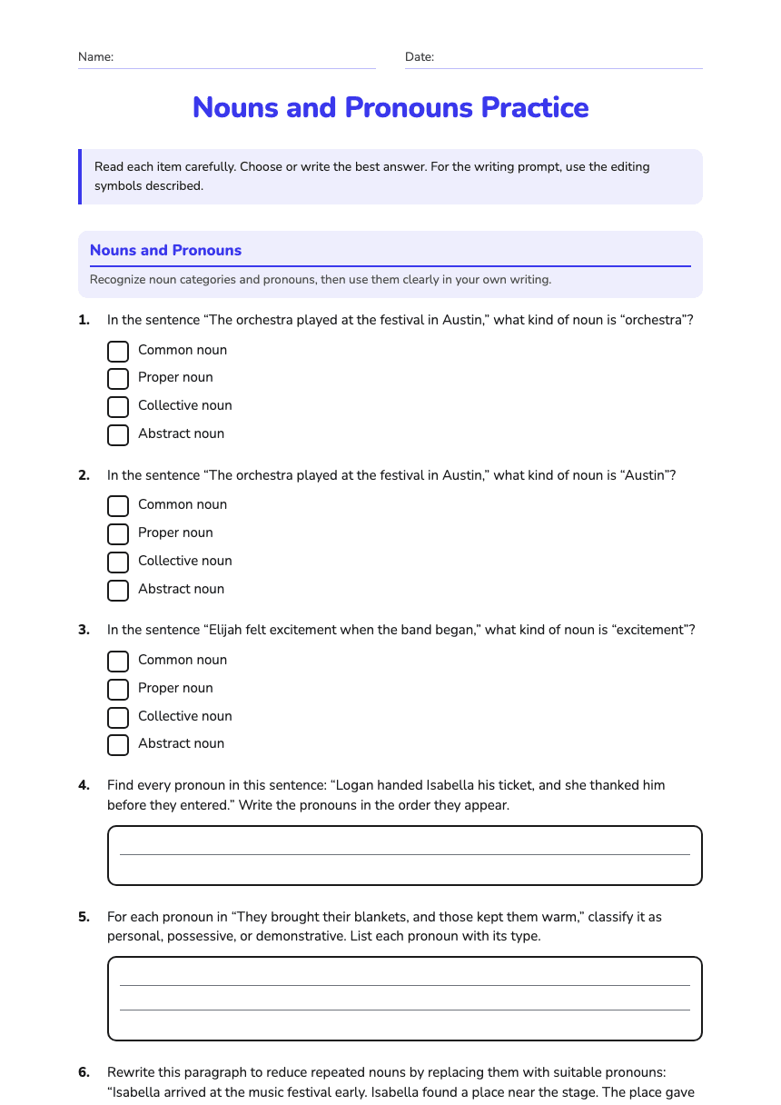Nouns and Pronouns Practice worksheet preview