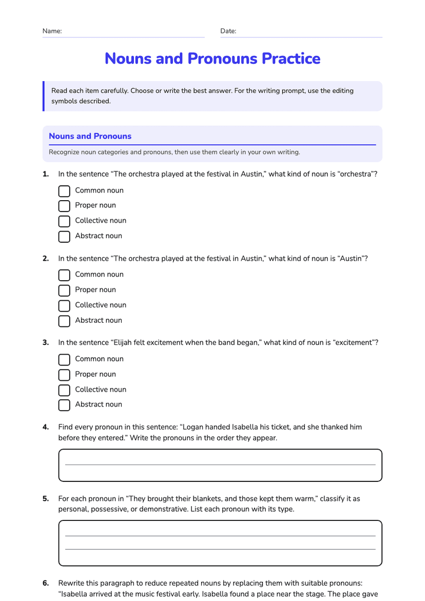 Nouns and Pronouns Practice