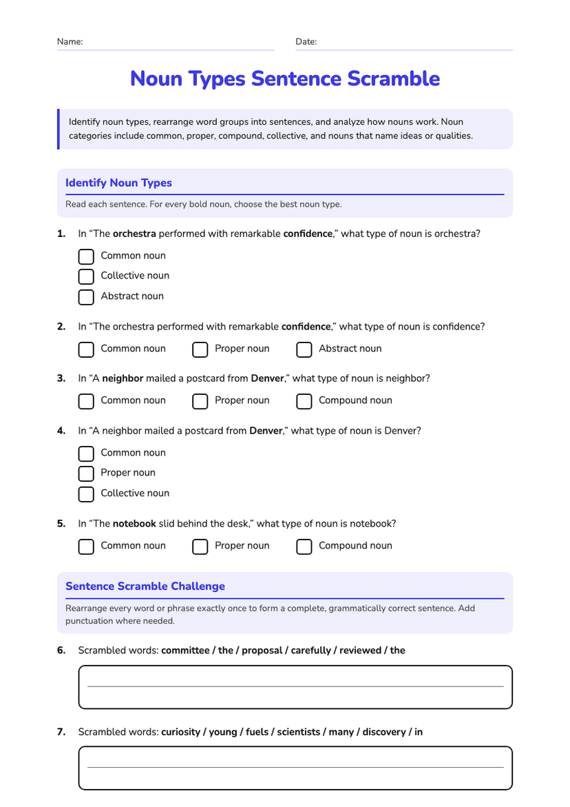 Noun Types Sentence Scramble
