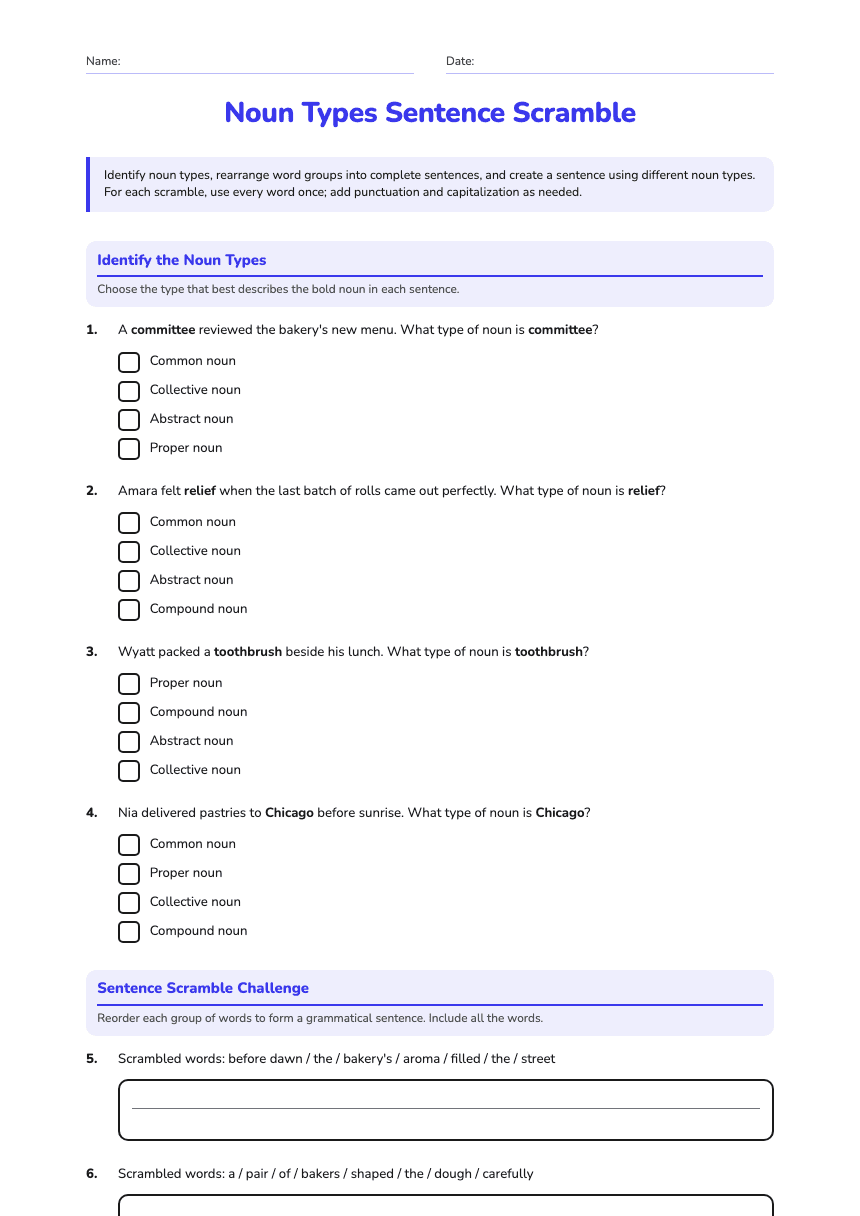 Noun Types Sentence Scramble worksheet preview
