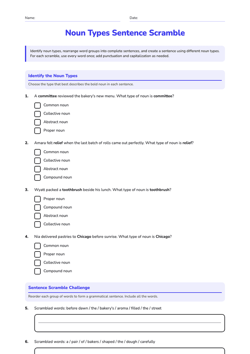 Noun Types Sentence Scramble