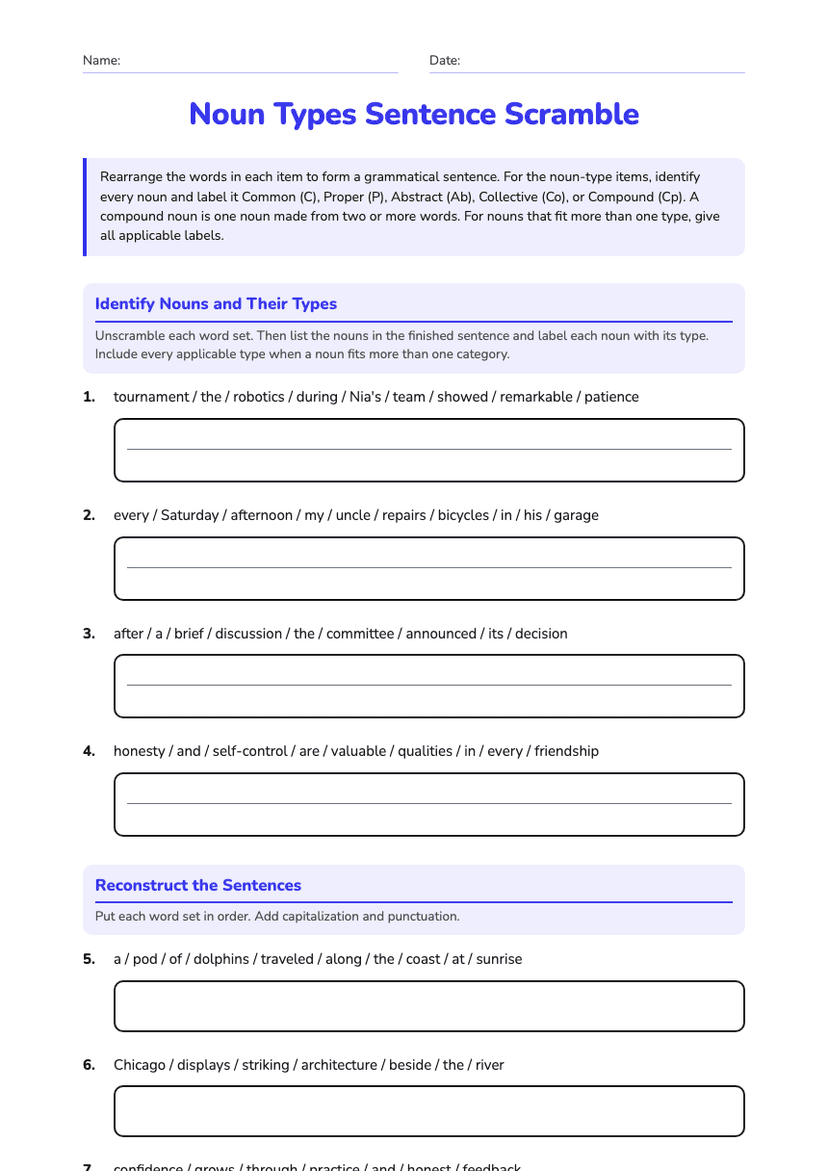 Noun Types Sentence Scramble
