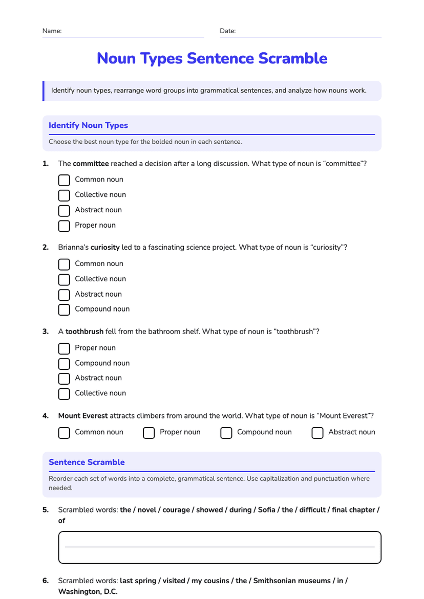 Noun Types Sentence Scramble