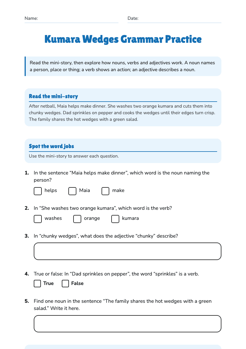 Kumara Wedges Grammar Practice worksheet preview
