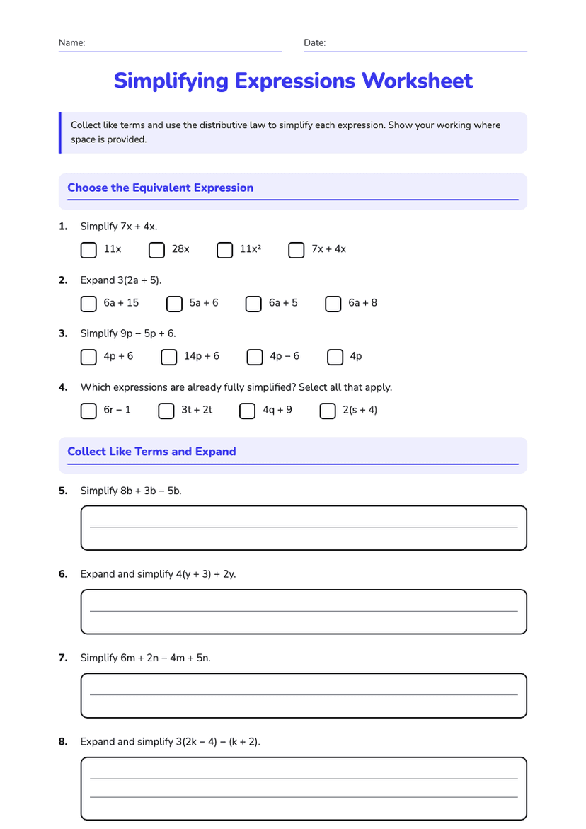 Simplifying Expressions Worksheet