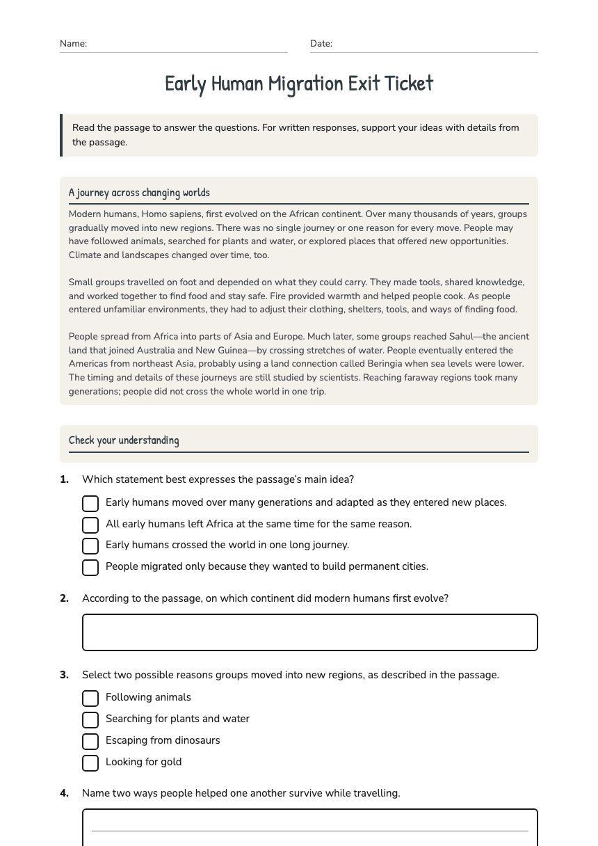 Early Human Migration Exit Ticket worksheet preview