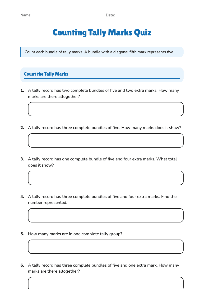 Counting Tally Marks Quiz worksheet preview