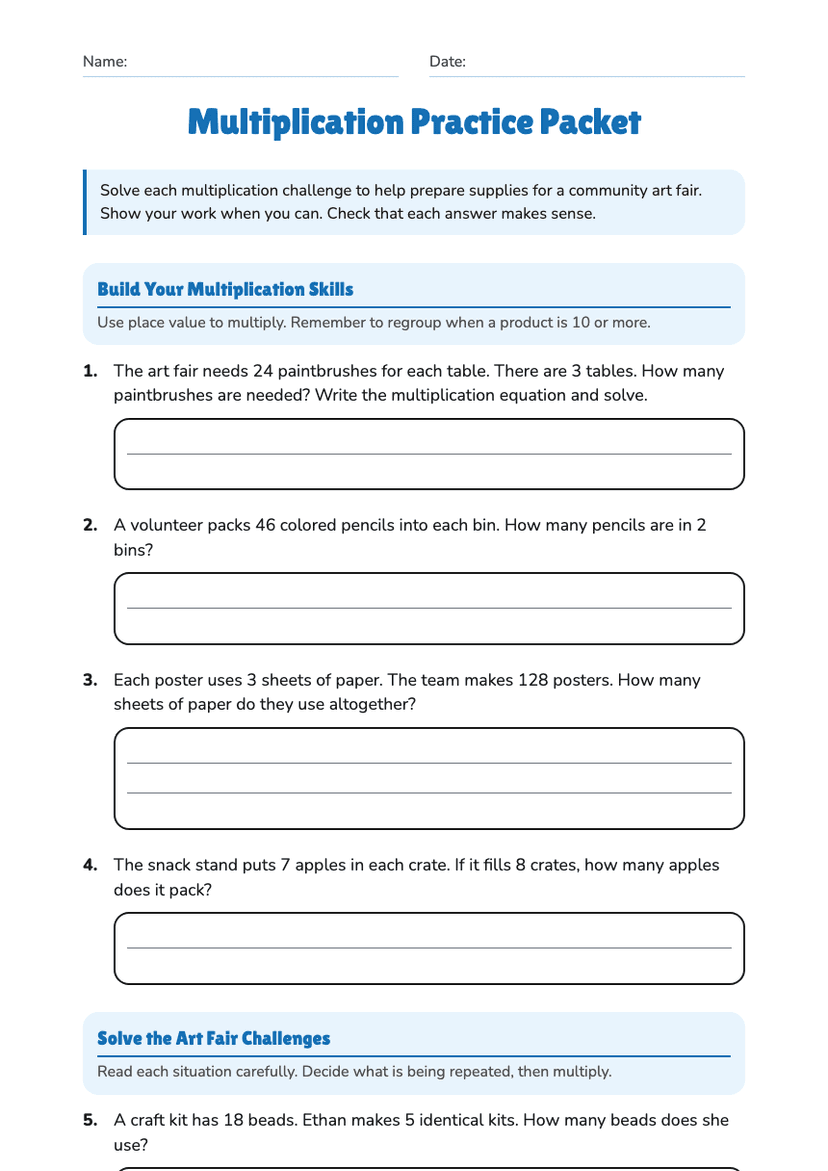 Multiplication Practice Packet