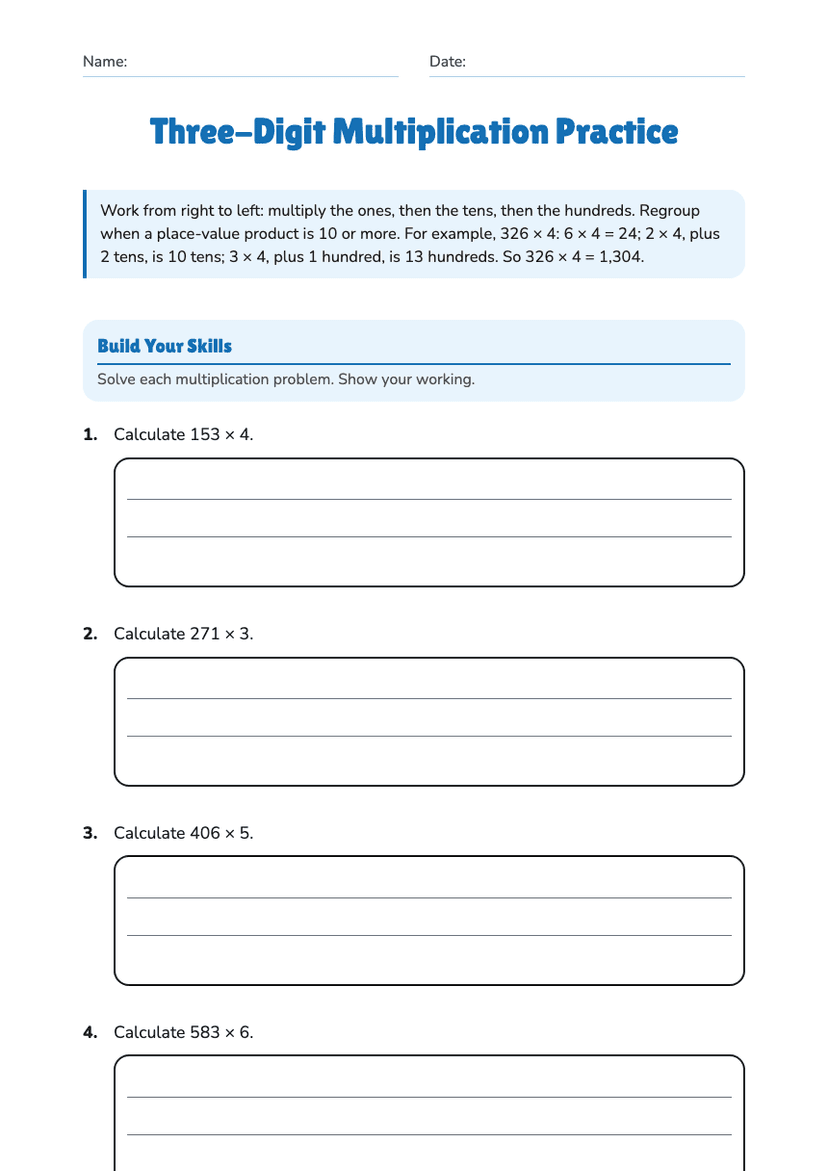 Three-Digit Multiplication Practice